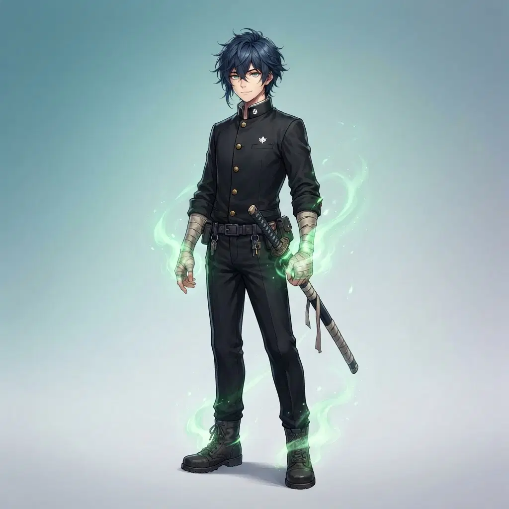Anime illustration, full body, original teen sorcerer boy with messy dark blue hair, black school uniform with a high collar, cloth hand wraps, soft green cursed energy glowing around him, calm face, clean soft gradient studio background, vibrant, crisp