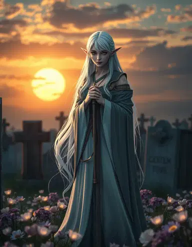 ((masterpiece, best quality, 8k)), Frieren, beautiful elf mage with long silver hair, wearing her iconic robe, standing alone at a twilight graveyard, soft glowing flowers around her, teardrops in her eyes, holding staff close to her heart, atmosphere of farewell and prayer, cinematic lighting, melancholy yet serene, dramatic sky with golden sunset and drifting petals