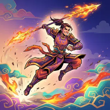 original hero leaping between clouds with flaming spear, stylized action cartoon, phoenix motifs