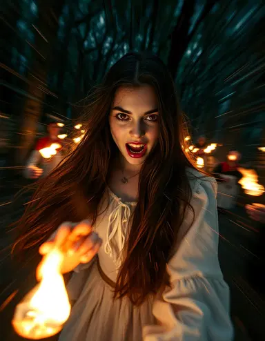 vampire girl, 18, long brunette hair, crimson eyes, fangs, pale porcelain skin in the dark woods outside salem, massachusetts, 1683, pursued by torch‑wielding puritans; zoom burst effect with radial motion blur, streaked light trails radiating from the center, sharp central focus on the vampire contrasted with blurred peripheral trees and torch flames, creating a vortex‑like sense of speed and energy.
