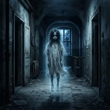 Creepypasta style OC, ghostly asylum girl in vintage hospital gown floating in dark corridor, eerie digital art, no gore, cold blue light