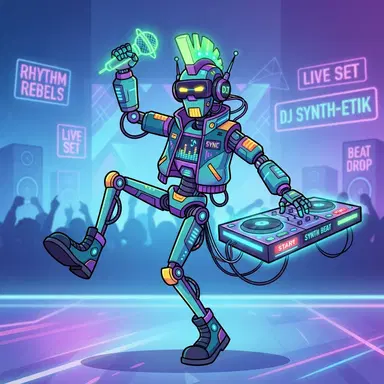 Original rhythm game character, robot DJ with neon green mohawk, glowing microphone, funky dance pose, bold 2D cartoon style