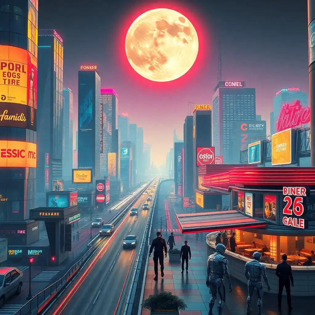 A sprawling retrofuturistic cityscape inspired by 1980s sci-fi visions of the future. Neon-lit skyscrapers stretch into the sky, their reflective glass surfaces covered in glowing advertisements for fictional products. Hovering cars zip through the air on electromagnetic highways, leaving streaks of light behind them. Citizens wear sleek, chrome-lined jumpsuits as they walk along floating sidewalks, while robots serve food at a bustling open-air diner beneath a massive, holographic moon.