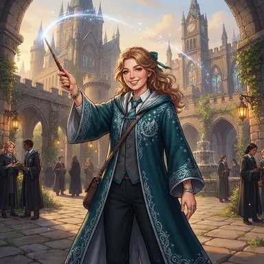 original wizard student character, teal and silver house robes with a crest, wand raised, confident smile, castle courtyard backdrop, digital illustration, clean warm lighting, crisp high detail