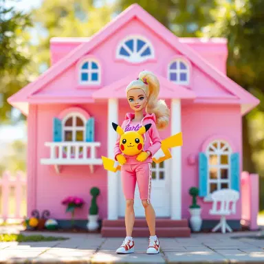 A high-quality fashion doll photography of Barbie standing in front of her pink Dreamhouse, she is holding a cute Pikachu. Barbie is wearing a stylish pink trainer outfit. Bright sunny lighting, 8k resolution, cinematic, miniature toy aesthetic, vibrant pastel colors.