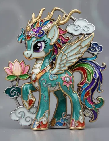 my little pony original character, rendered in enamel cloisonné metalwork, with crisp metal wire cells filled by vivid vitreous enamel in jewel‑like shades, glossy polished surface, gold and silver wire framework outlining dragon, lotus, phoenix and cloud scroll motifs.