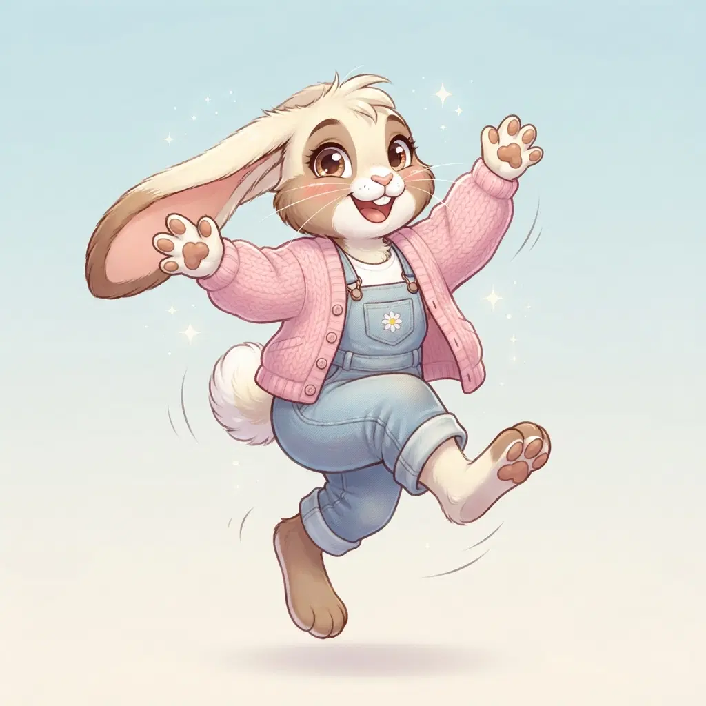 anthro bunny fursona character, full body, happy hop pose, long floppy ears, cream and brown fur, round fluffy tail, wearing a pastel pink cardigan and overalls, expressive big eyes, clean soft gradient studio background, vibrant, crisp high detail, digital illustration