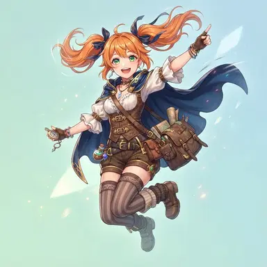 original anime character, cheerful adventurer girl with orange twin-tails and green eyes, fantasy explorer outfit, digital illustration