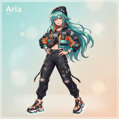 original anime character, confident girl with long teal hair and amber eyes, vibrant modern streetwear jacket, dynamic three-quarter pose, digital illustration