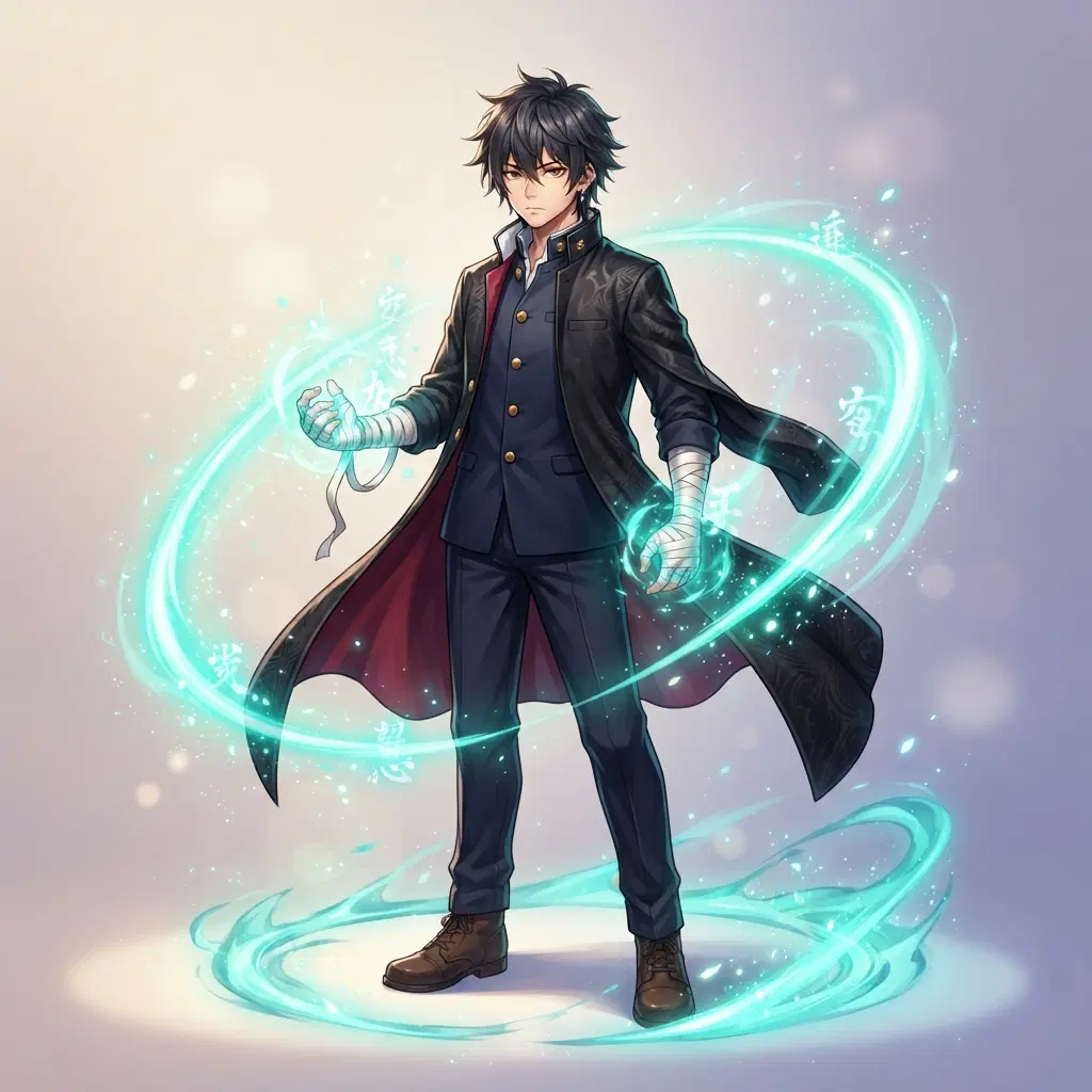 Anime illustration, full body, original young sorcerer boy in a dark navy school uniform with a long black coat, hands wrapped in cloth, bright teal cursed energy glowing in a ring around him, calm face, clean soft gradient studio background, vibrant colours, crisp lines
