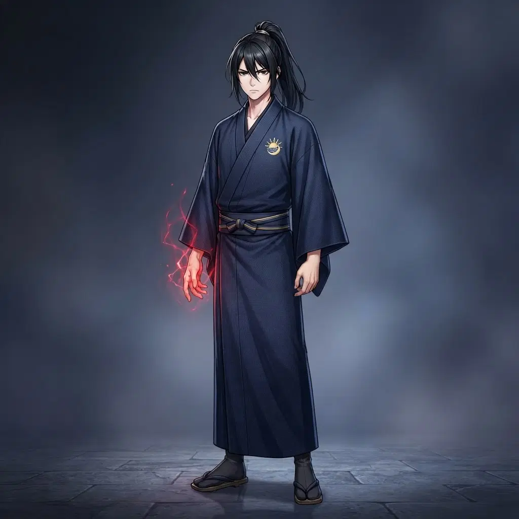 Anime illustration, full body, original young clan heir in a dark traditional kimono with a small circular clan crest on the chest, long black hair tied back, cold calm face, faint red cursed energy around one hand, clean soft gradient studio background, vibrant, crisp lines