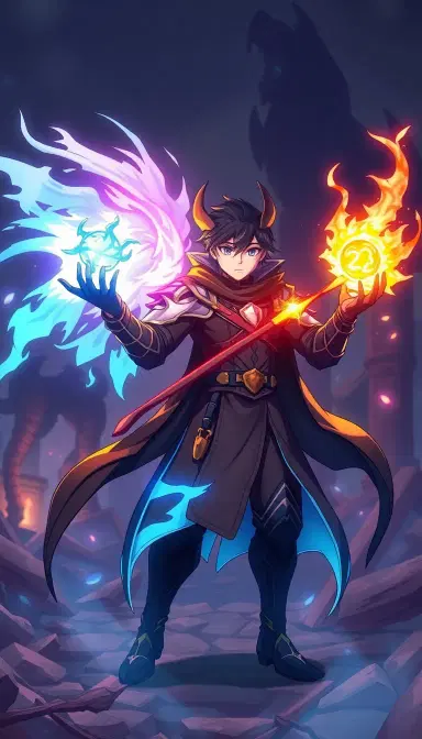 Solo Leveling anime hunter: "Anime hunter in dark fantasy armor, glowing magical aura, summoning shadow creatures in a ruined city, energetic pose, stylized anime effects, bright and colorful magic, 8K anime style, bold outlines, dramatic action."