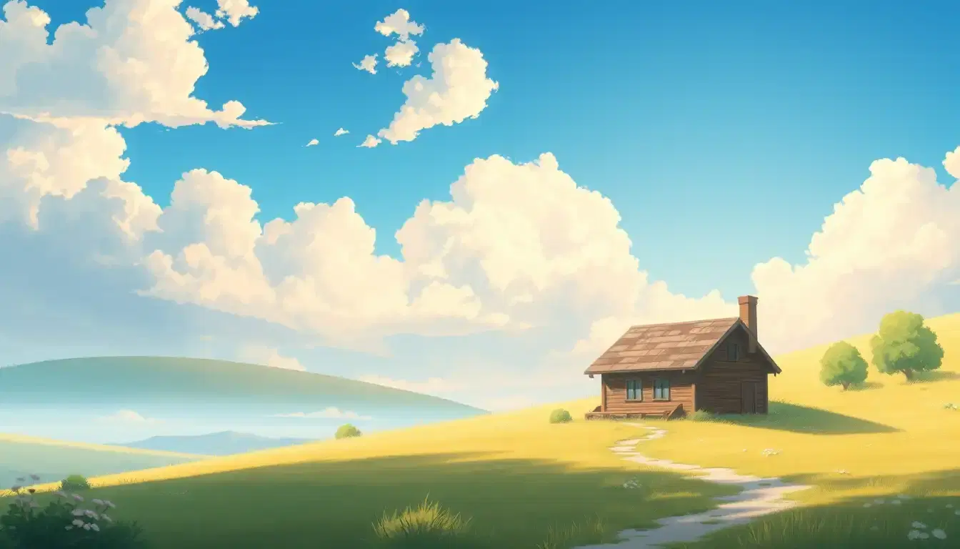 Studio Ghibli–style hand-painted anime illustration, peaceful countryside morning, small wooden house, soft sunlight, blue sky, gentle clouds, warm pastel colors, calm and soothing atmosphere, cinematic composition