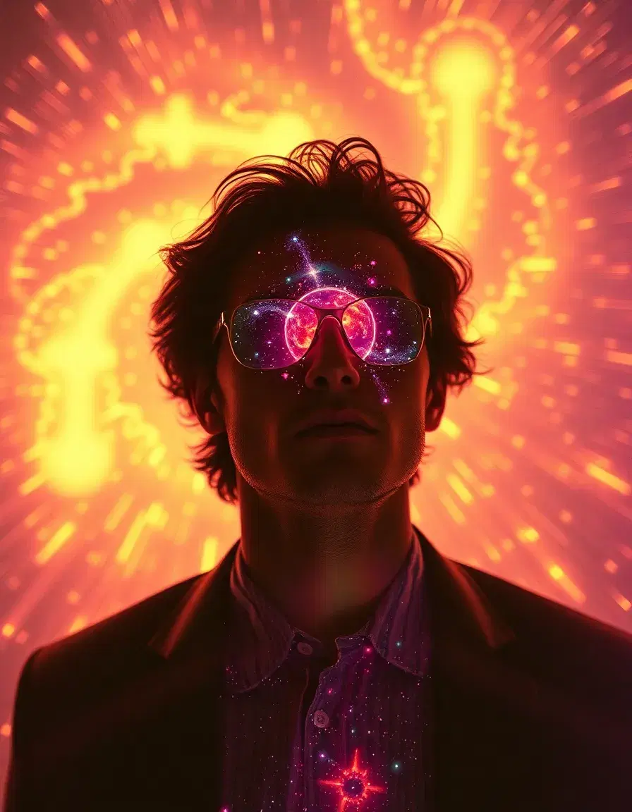 retro vintage surreal man with galaxy inside out, enigmatic, energetic, glamour, long exposure, optical illusion, glow aesthetics, hyper detailed, 8k, vhs vfx, 80s, film grain --no yellow
