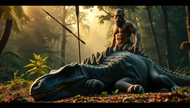 Cinematic prehistoric scene, a muscular tribal ape‑like creature standing triumphantly with a spear over a defeated dinosaur with horns, T-Rex or similar dinosaur lying down, prehistoric forest background, realistic lighting, epic adventure style, high detail, vibrant colors, dramatic composition, cinematic rendering, 16:9