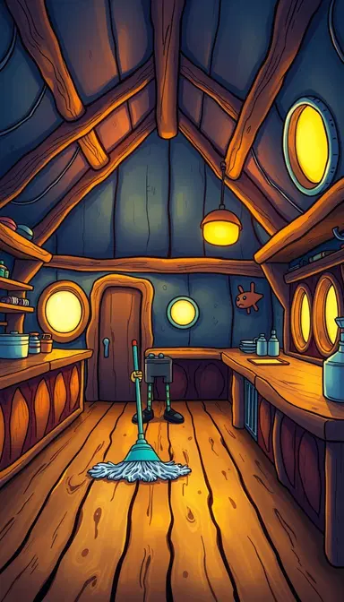 Inside cartoon-style underwater wooden shack, SpongeBob SquarePants mopping wooden floor, wooden counters and round glowing windows, warm bright light, thick cartoon outlines