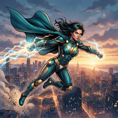original female superhero soaring above a city, teal and gold armored suit with glowing energy gauntlets, flowing cape, dynamic flying pose, bold comic book art