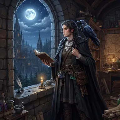 original witch character in dark academia robes with a raven familiar on her shoulder, moonlit tower window, digital illustration, crisp high detail
