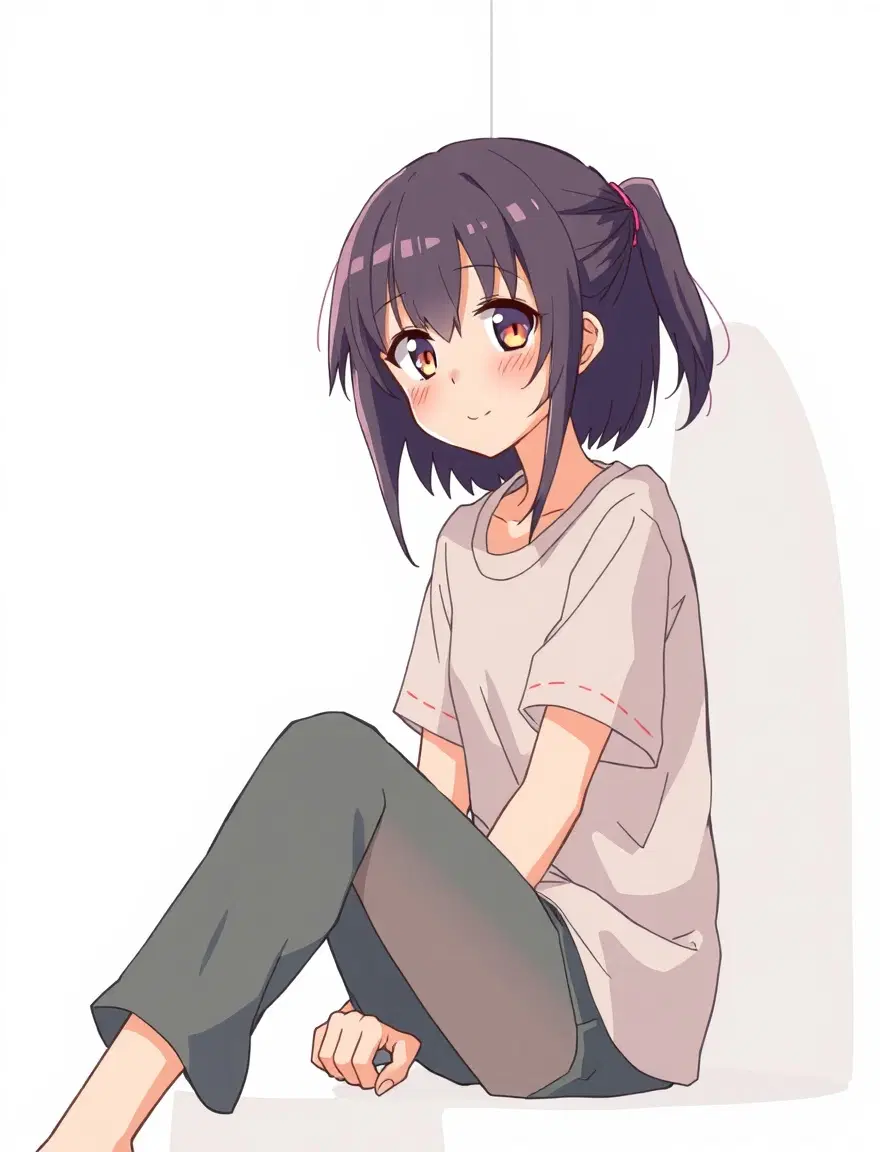 an anime cel-shaded girl, wearing simple clothing, sits with . the style is anime cel shading.