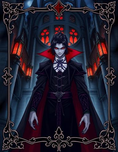 Anime trading card: A dark vampire lord with sharp fangs and crimson eyes, standing in a gothic castle