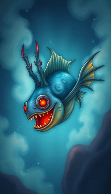 A mysterious underwater creature with half-transparent smoky body, half fish with fins, glowing red eyes, surrounded by deep sea darkness, eerie glowing light from its mouth โ Islamic jinn-inspired sea monster, fantasy horror art Image Style: pastel hues, paper texture, dreamy mood, soft watercolor wash, soft lighting, colorful palette, hand-drawn animation, detailed backgrounds
