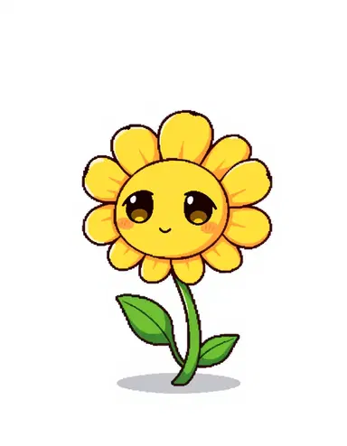 A Flowey from Undertale, yellow flower petals, cute expressive eyes, two green leaves growing on its stem, waving its little face towards the viewer, cartoon style, Undertale pixel art aesthetic, soft lighting, clean illustration, high detail