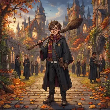 original wizard boy character with round glasses and a striped scarf, broomstick over his shoulder, autumn castle courtyard, digital illustration, crisp high detail