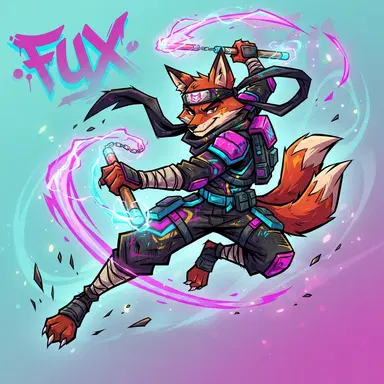 original mutant red fox ninja hero with glowing nunchaku, angular 2D cartoon, graffiti-bright colors
