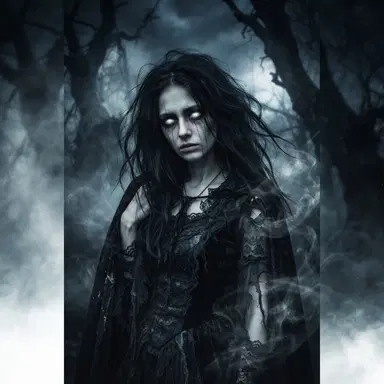 Creepypasta style OC, pale girl with long black hair and black tear streaks, glowing white eyes, eerie portrait, no gore, dark atmosphere