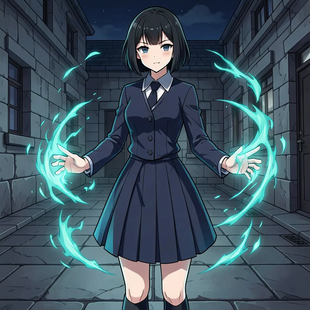 female teen sorcerer, full body, dark navy high collar school uniform with a pleated skirt, swirling teal cursed energy around her hands, short black bob hair, sharp eyes, night school courtyard with stone walls