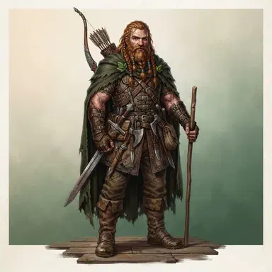 original fantasy male character design, full body, rugged bearded ranger with braided auburn hair, weathered green cloak over leather armor, longbow on back, painterly fantasy illustration style