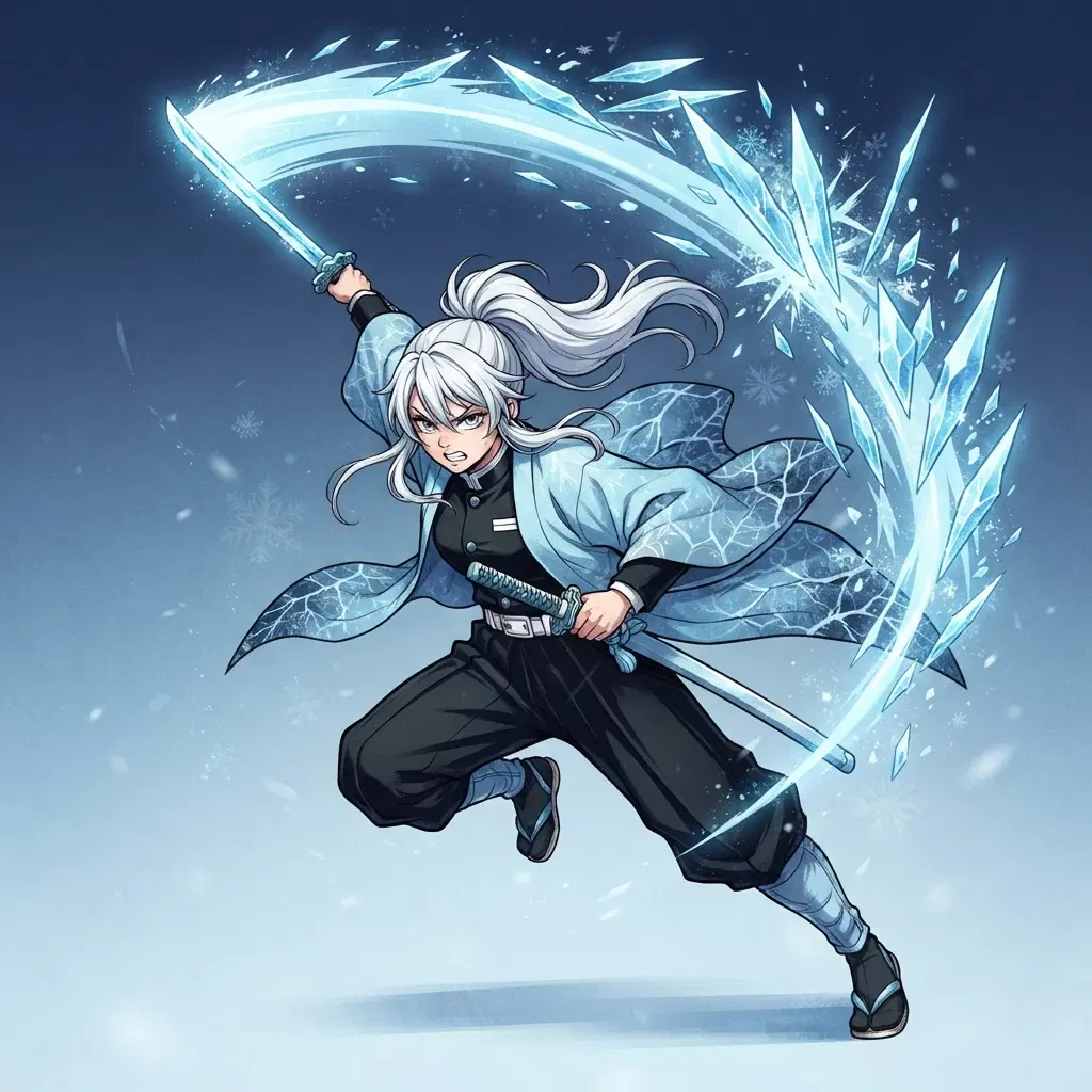 Anime illustration, original slayer mid-form, full body, black uniform, pale blue haori with a frost crack pattern, katana with an ice-blue blade sweeping upward, white hair tied back, sharp shards of pale blue ice bursting around the sword like a woodblock print, clean soft gradient studio background, vibrant, crisp