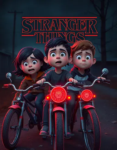 Movie poster. the 3d cartoon of 3 multiethnic teens with a scared facial expressions, sitting on dusty 1980s stranger things bikes, with neon red light reflections on their pale faces, amidst a dark and abandoned suburban background, with eerie atmosphere and horror undertones, in a distorted retro style reminiscent of the Netflix series stranger things. Title "Stranger Things"