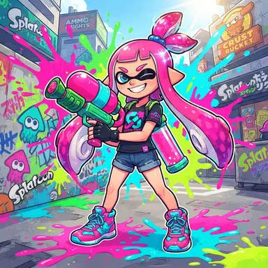 Splatoon game style inkling girl OC with neon pink tentacle hair, ink splatter background, Nintendo Splatoon official art style, vibrant colors, clean background
