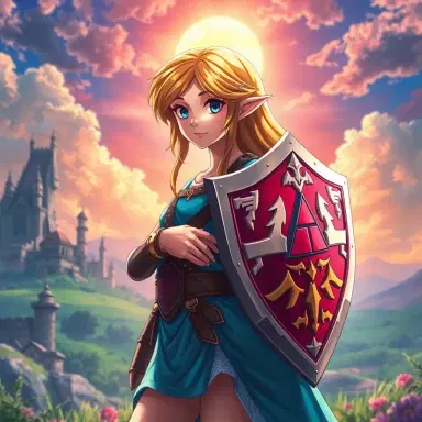 Visual Style: Magnificent Anime, Genre: Fantasy, Subject(s): Zelda from The Legend of Zelda, Time Period: Fantasy, Color: Vibrant, Aspect Ratio: 16:9, Format: Digital, Frame Size: 4K, Lens Size: 35mm, Composition: Dynamic, Lighting: Dramatic, Lighting Type: Mixed (Natural and Magical), Time of Day: Daytime, Environment: Fantasy Landscape, Location Type: Hyrule, Set: Majestic, Camera: Digital Art Software, Lens: Digital Brush, Film Stock / Resolution: High Resolution, Tags: Magnificent Anime, Fantasy, Vibrant Colors, Zelda, The Legend of Zelda, Perfect Shield, Perfect Outfit, Hyrule, Fantasy Landscape, Majestic, Daytime