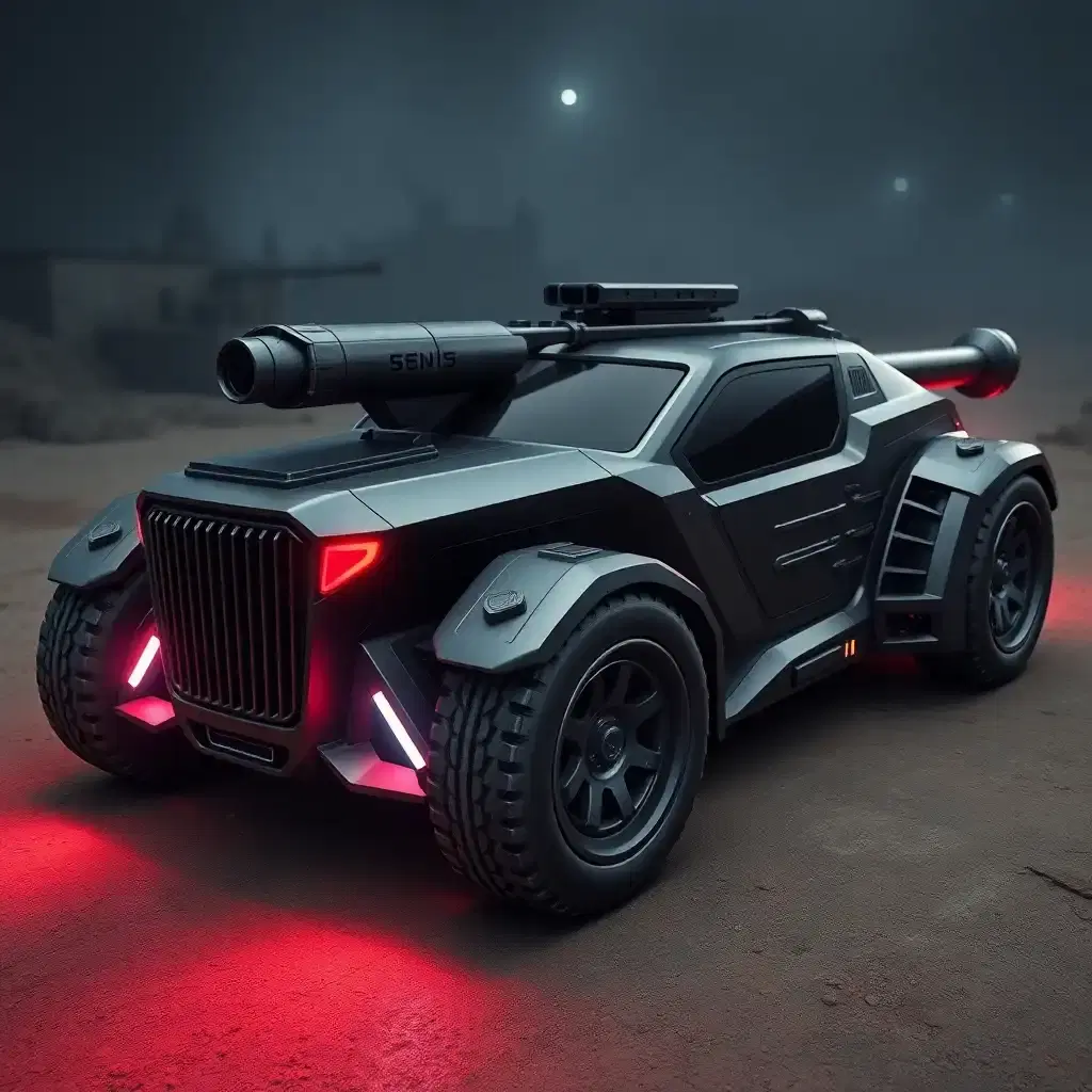 Create a highly detailed 3D-rendered image of a futuristic car shaped like a machine gun. The vehicle should have a sleek, metallic body resembling the frame of a heavy-duty firearm, with a barrel-like front that functions as the hood and grille. The wheels should blend seamlessly into the design, resembling large ammunition drums or rugged military tires. The side panels should mimic the structure of a machine gun, with vents and ridges resembling cooling fins. The rear should have a stock-like shape, giving the car an aggressive and tactical appearance. The headlights should be integrated as glowing red or blue LED strips along the barrel. The overall design should be matte black or dark gunmetal with subtle engravings, making it look both futuristic and intimidating. The background should be a dimly lit urban battlefield or a cyberpunk-style cityscape.