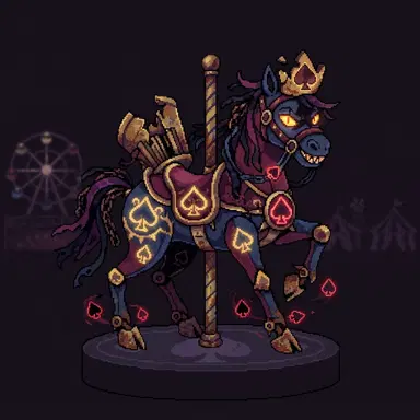 Deltarune dark world style OC, carousel horse secret boss character with spade motifs, Toby Fox game art style, dark carnival palette, clean background