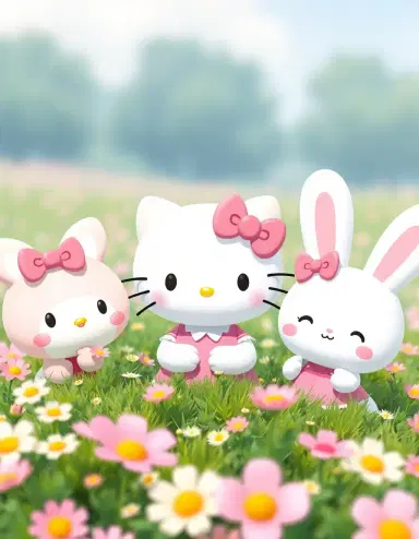 Prompt: Hello Kitty meeting My Melody and Cinnamoroll near a flower field, joyful expressions, pastel colors, ultra-realistic cute style --ar 16:9
