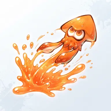 Splatoon game style inkling in squid form leaping through orange ink, cute glowing eyes, Nintendo Splatoon official art style, clean background