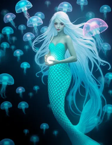 An ethereal mermaid stands amidst a school of iridescent jellyfish in a bioluminescent ocean. The mermaid has vibrant turquoise scales and long flowing white hair that flows like seaweed in an underwater current. Her eyes shimmer with stardust as she holds a glowing pearl.