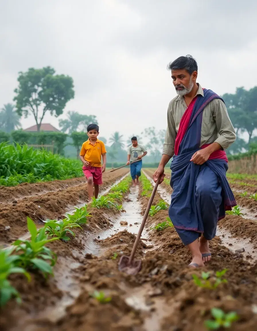 ),
---
फाइल-नाम सुझाव:
scene01_title.png, scene02_farmer_walk.png, scene03_ploughing.png, scene04_golu_talk.png, scene05_rain_sprout.png, scene06_crops_closeup.png, scene07_harvest_villagers.png, scene08_final_portrait.png
---
1) टाइटल / ओपनिंग कार्ड
हिंदी निर्देश: रंगीन, बच्चों वाली कार्टून-स्टाइल टाइटल इमेज — शीर्षक: “मेहनती किसान रामू” — सूर्योदय और हल्का खेत बैकग्राउंड।
