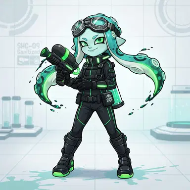 Splatoon game style sanitized octoling OC with pale teal skin and glowing green accents, Nintendo Splatoon official art style, clean background