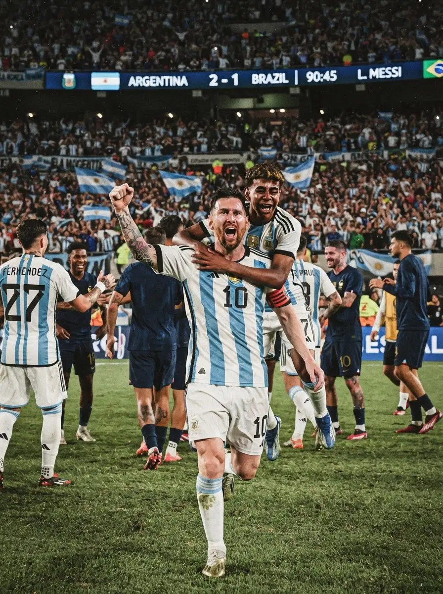 featuring a Messi-like GOAT superstar in a sky-blue and white kit, scoring a 90th-minute winning goal and going wild, Crying and angry with lamine yamal, football/soccer themed if not already