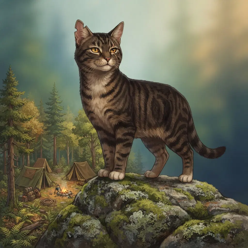 realistic dark brown tabby cat with amber eyes, a torn ear and a scar across the muzzle, standing proud on a high mossy rock above a forest clearing camp, soft painterly book illustration, full body
