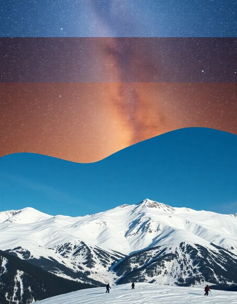 landscape photo with 4 sections to it, top part is of starry sky merged below this are mountainsthis with snowy mountains, place snowboarders on the mountains,