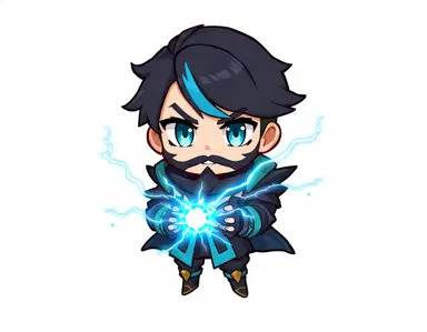 Mobile game character design, cute fantasy RPG character, clean shapes, simple design, readable silhouette, colorful, anime-inspired, chibi proportions, high quality concept art, full body character sheet, front view, white background, game-ready character, easy-to-recognize design, vibrant colors, mobile game art style.
Mobile game character design, cute fantasy RPG character.
ALX, young Bolivian male hero, support warrior.
Short black hair.
Single cyan hair streak.
Large sky-blue eyes.
Short beard.
Friendly but mysterious expression.
Black and cyan outfit.
Light armor.
Electric energy surrounding hands.
Blue lightning particles.
Small glowing effects.
Anime style.
Full body.
Character reference sheet.
White background.
Simple but iconic design.