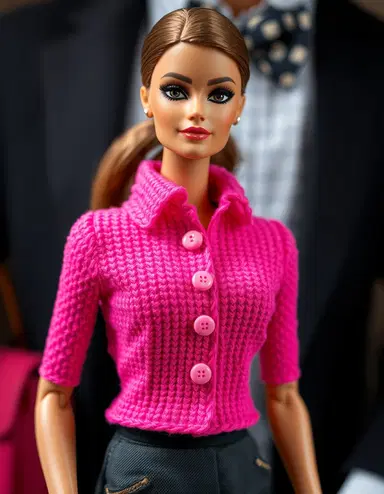 a fashionable barbie doll, embodying the epitome of style, wearing a vibrant pink button up boucle collared top, the intricate boucle texture of the top catching the light, with delicate pink buttons running down the front, set against the doll's impeccably dressed backdrop, every detail meticulously crafted to showcase the barbie doll's flawless sense of fashion.