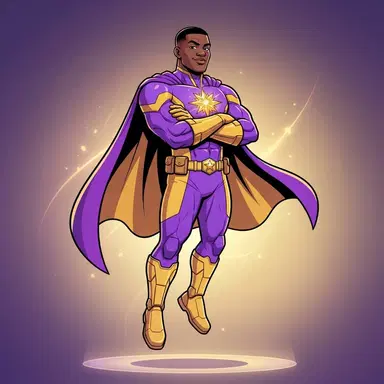original superhero floating with arms crossed, purple and gold two-tone suit, bold flat comic book style