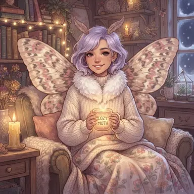 Moth girl original character with lavender hair and speckled wings holding a warm mug, cozy candlelit room, digital illustration