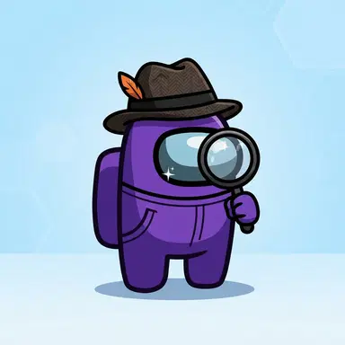Among Us game style chibi crewmate bean, purple suit with detective hat and magnifying glass, armless rounded bean, glossy visor, flat cartoon, clean background